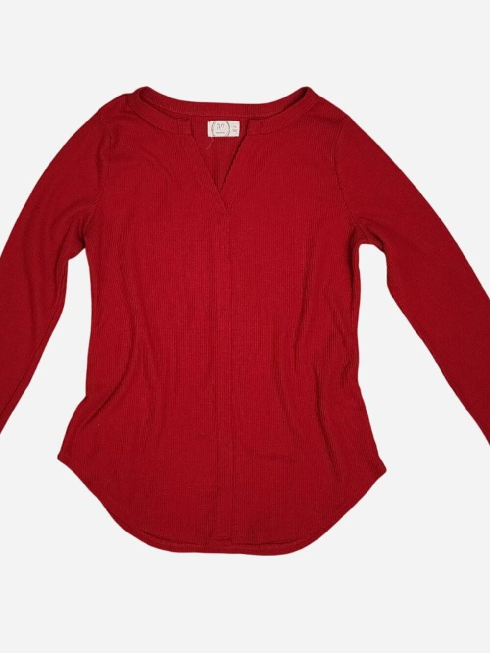 24/7 Red long sleeve top with V-neckline and ribbed texture. Size: XS